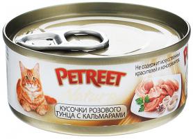 PETREET Консервы для кошек кусочки розового тунца с кальмарами