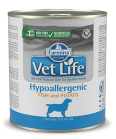 Консервы Vet Life Wet Dog Hypoallergenic Fish and Potato, диета для собак при аллергии, пищевой непереносимости, с рыбой и картофелем
