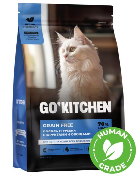 GO'KITCHEN Сухой корм для кошек и котят с лососем, треской, фруктами и овощами